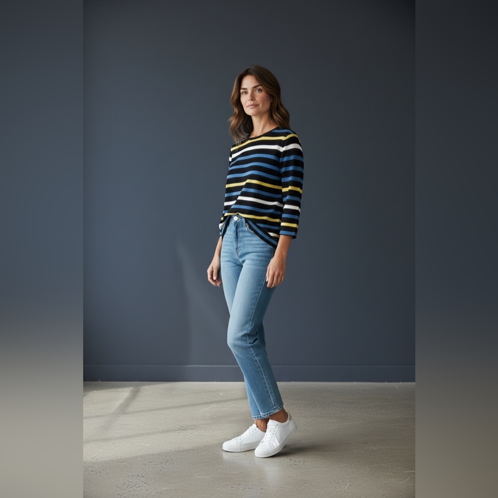 St John Wool Blend Striped Black Blue Yellow Crew Neck Sweater - Picture 2 of 10